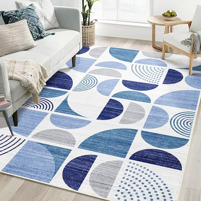 5x7 Area Rugs Washable,Blue Boho Rugs Non Slip Modern Abstract | Large Throw Carpet for Living Room Bedroom Dining Room Soft Low Pile Floor Indoor Bohemian Navy Blue