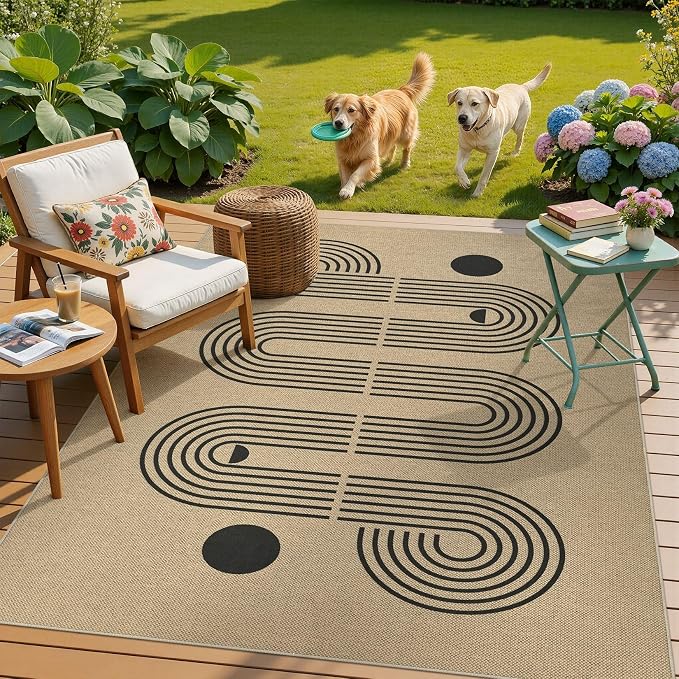 UERMEI 4x6 Outdoor Jute Area Rug Patio Neutral Washable Geometric Brown | Easy Non Slip Pet Friendly Indoor Farmhouse Carpet for Living Room Bedroom Dining Backyard