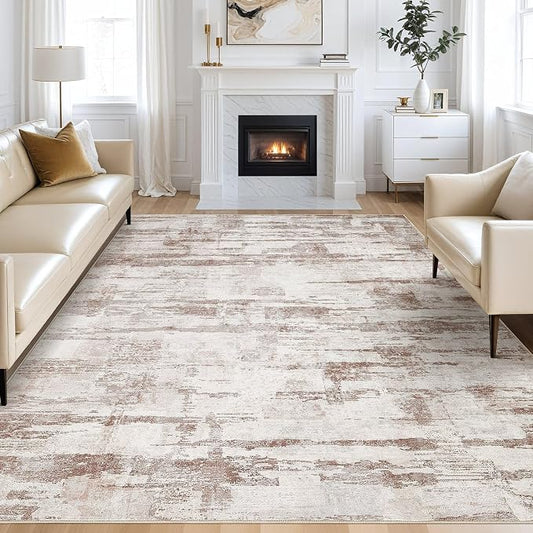 kakania Abstract 10x14 Area Rugs for Living Room: Washable Rugs Light Brown | Soft, Non-Slip, Low-Pile, Pet & Kid Friendly - Large Modern Home Decor Carpet for Bedroom/Dining Room/Office/Nursery