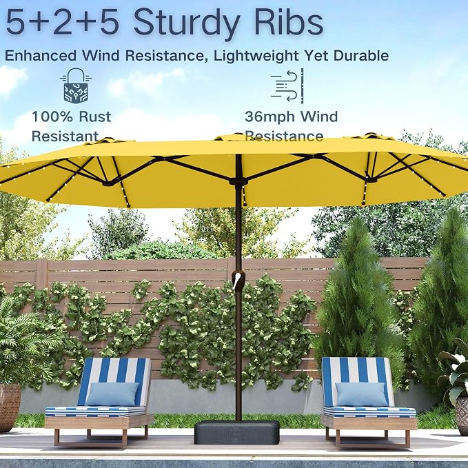 Kingdura 15ft Large Patio Umbrella with Solar Lights, Double-Sided Rectangle Lighted Outdoor Table Umbrella with Base Included, 12 Reinforced Ribs, 48 Led Lights, Crank Lift for Market Pool Deck Backyard, Yellow
