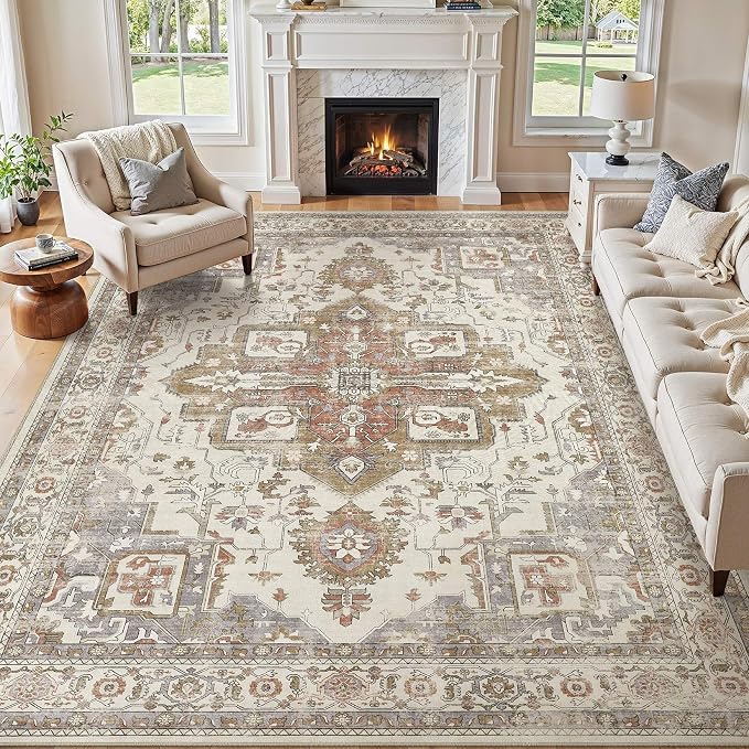 Vintage Washable 10x14 Area Rug for Living Room, Golden Taupe | Soft Low Pile Rug with Non-Slip Backing, Stain Resistant for Bedroom or Dining Room, Kid & Pet Friendly