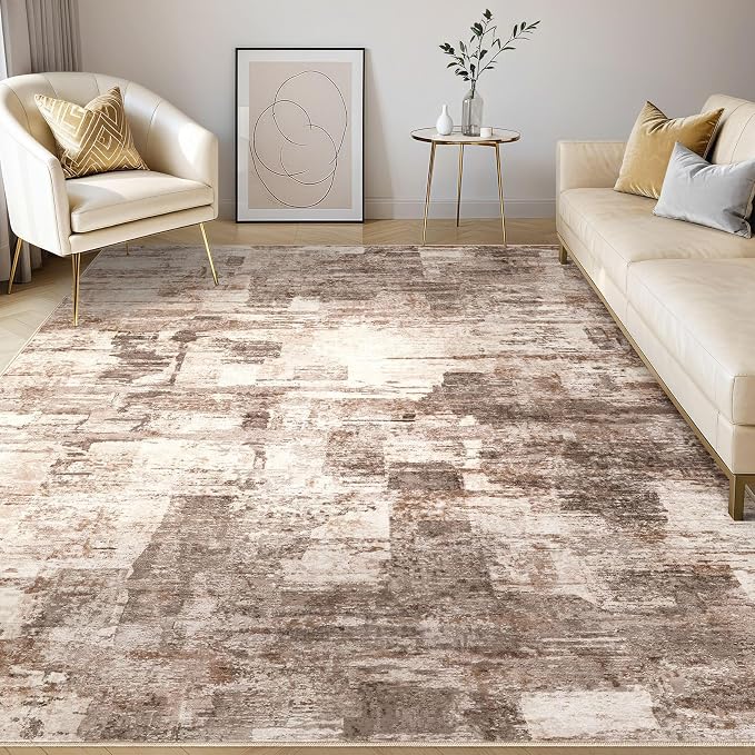 kakania Abstract 9x12 Area Rugs for Living Room: Washable Rugs Brown | Soft, Non-Slip, Low-Pile, Pet & Kid Friendly - Large Modern Home Decor Carpet for Bedroom/Dining Room/Office/Nursery
