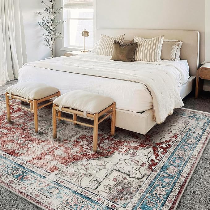 CHAMPLANT Washable Area Rug 8'x10' Red Blue Retro Boho Design Non-Shedding Non-Slip Easy Care Ideal for High Traffic Areas in Living Room Bedroom Office Coffee Table Kitchen Large Carpet