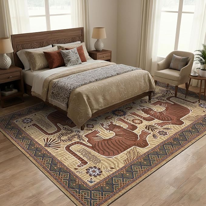 GarveeHome Large Tiger 9x12 Area Rugs Boho Washable Vintage Living Room Rug | Non Slip Brown Rugs for Bedroom, Tribal Soft Animal Print Throw Rug Ultra Thin Stain Resistant Floor Carpet for Office