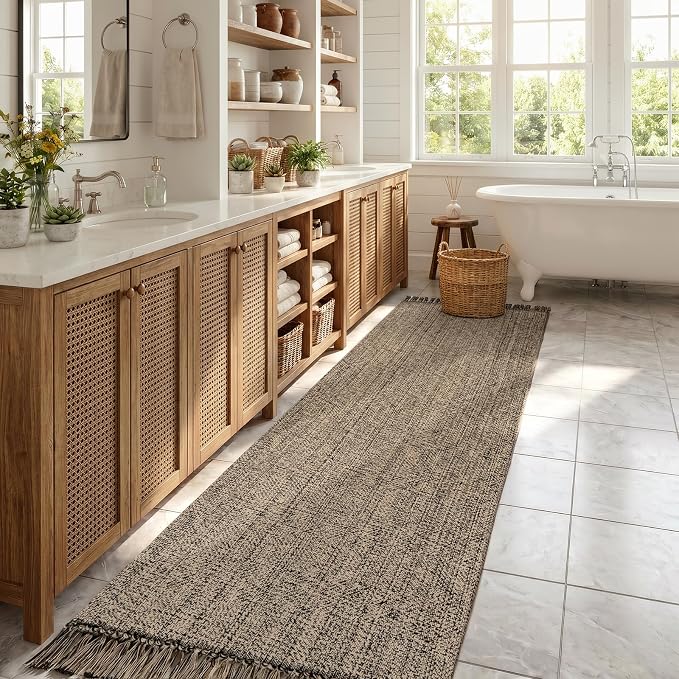 Rug Runners for Hallways, Boho Washable Kitchen Runner Rugs | 2.6' x 10' Farmhouse Indoor Entry Hall Carpet, Natural/Black Modern Hand Woven Bathroom Runner Rug for Entrance Porch Decor