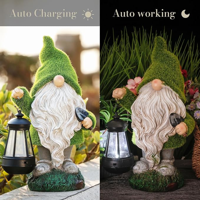 TERESA'S COLLECTIONS Garden Gnomes Outdoor, Green Resin Solar Gnome Decorations for Yard Patio Porch Outside, Gnome Gifts for Mom and Women,12"