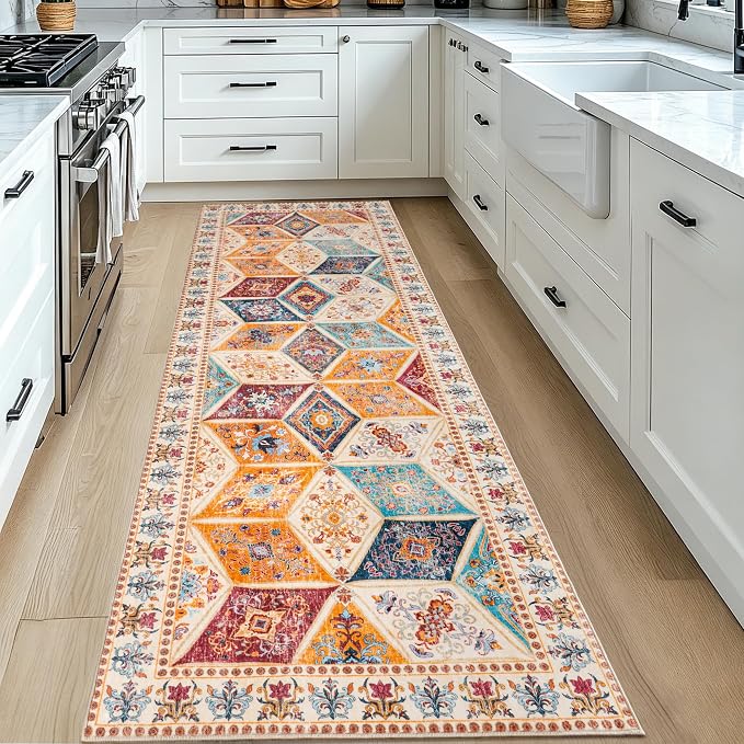 Moroccan Vintage Distressed Boho Geometric Cream 2.7x8 Runner Rug | Patchwork Washable Non Slip Throw Floor Long Carpet Runner for Hallway Entryway Kitchen Bathroom Bedroom Livingroom Rug