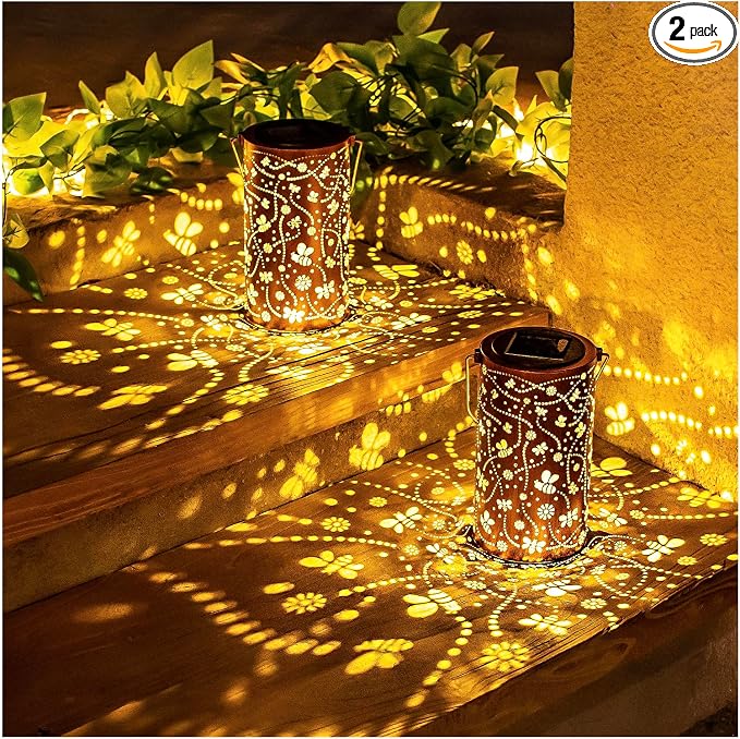 2 Pack Bee Solar Lanterns Outdoor Waterproof Hanging Solar Lights Bee Gifts for Women Men Metal Decorative LED Bee Lanterns for Garden Decor,Yard,Patio,Lawn,Tabletop,Pathway,Landscape