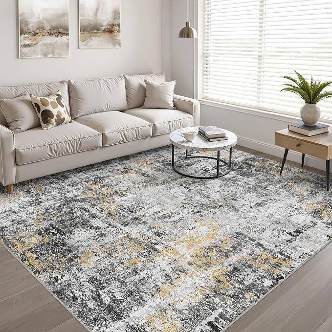LOONGRUG 7x9 Area Rug Washable Neutral Modern Living Room Rug Black Gold | Abstract Soft Stain Resistant Indoor Non-Slip Carpet for Bedroom Nursery Kids Office Playroom Dining Room