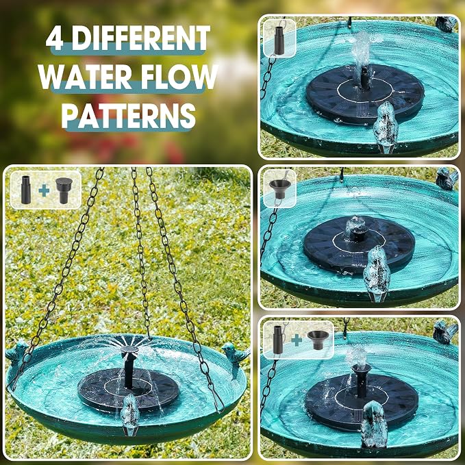 DazSpirit Hanging Bird Bath with Solar Fountain, 14.9" Metal Bird Bath for Outdoors, Fixed Solar Panel with 4 Nozzles, 3 Removable Decorative Birds, Hanging Birdbath for Garden Patio Porch Yard Gift