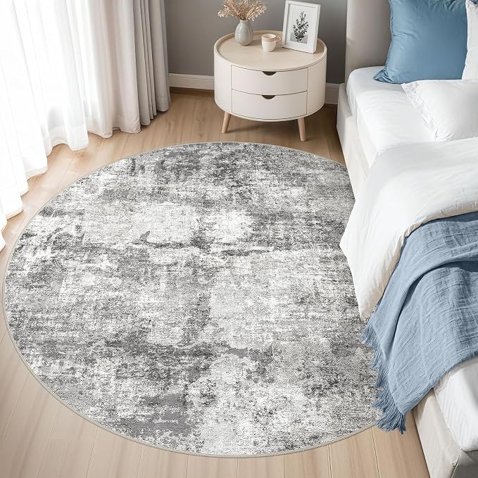 DMOYEST 5ft Round Area Rug for Living Room Washable Non Slip Circle Rug | 5x5 Neutral Modern Abstract Low Pile Rugs Kid & Pet Friendly Soft Carpet for Bedroom and Dining Room - Grey