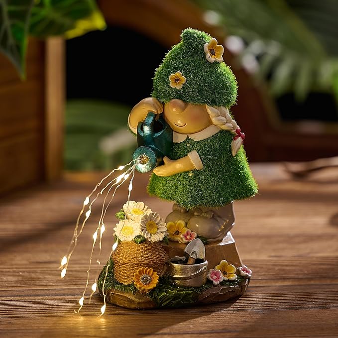 TERESA'S COLLECTIONS Garden Gnome Ornaments with Solar Outdoor Lights for Garden Decor, Lady Gnome Watering Flower Resin Outdoor Christmas Decorations Gifts for Women and Man 7.9"