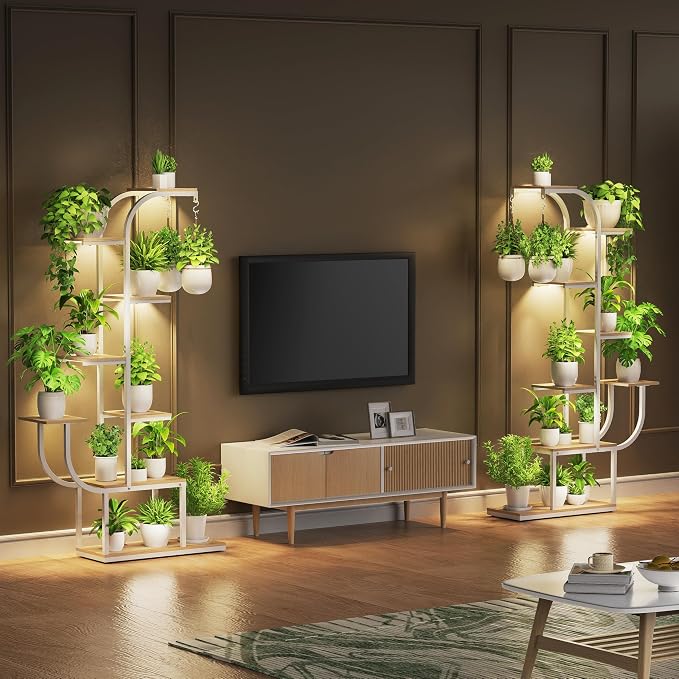White Plant Stand, 7 Tier Tall Plant Shelf with Grow Light, Large Curve Shaped Lighted Plant Stand for Multiple Plants, Indoor Home Decor Display Rack