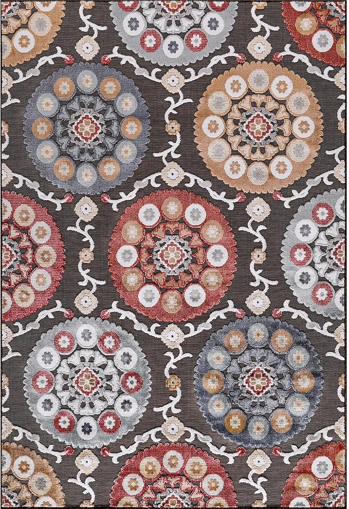 CAMILSON Indoor Outdoor Rug 6x9 Bohemian Medallion Floral Area Rugs for Indoor and Outdoor Patios Easy-Cleaning Non-Shedding Living Room Garden and Kitchen Washable Outside Carpet (6 x 9 / Brown)