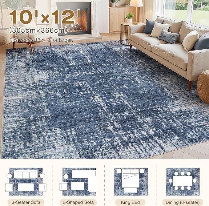 kakania Abstract 10x12 Area Rugs for Living Room: Washable Rugs Dark Blue | Soft, Non-Slip, Low-Pile, Pet & Kid Friendly - Large Modern Home Decor Carpet for Bedroom/Dining Room/Office/Nursery