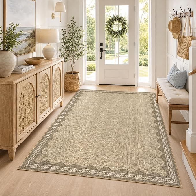 GarveeHome Scalloped 3x5 Rug Washable Non-Slip Low-Pile Indoor Rugs for Entryway Solid Tan Jute Digital Printing Modern Carpet for Kitchen Bedroom Living Room Bathroom Indoor Mat