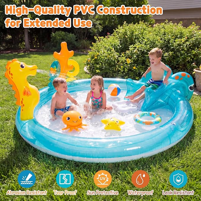 GLACER Kids Pool with Slide, Inflatable Play Center with Seahorse Sprinkler | 70" x 62" x 26.5" Water Splash Pad with Ring-toss Game, Heightened Guardrails, PVC toddler pool for Outdoor Backyard, Garden
