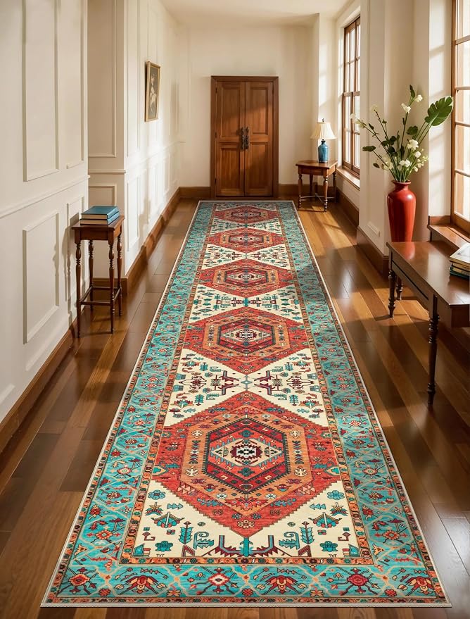 SERISSA 3x14 Washable Non Slip Boho Runner Rug for Hallway，Orange | Ultra Soft Vintage Oriental Carpet Low-Pile Tribal Floor Carpet for Stair Kitchen Bedroom Bathroom Laundry Room