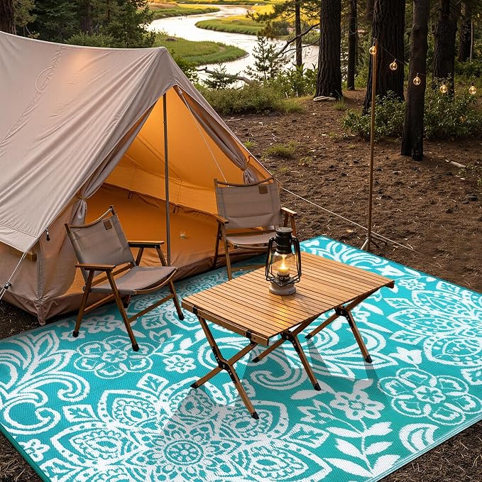 Findosom Waterproof Outdoor Rug 6' x 9' - Reversible Mandala Outdoor Plastic Straw Rug, Durable Foldable Patio Rug for RV, Deck, Balcony, Backyard, Picnic, Porch, Camping, Beach, Blue
