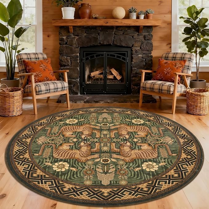 GarveeHome Tiger Round Area Rugs Boho Living Room Non Slip Washable Vintage | 8ft Green Animal Print Circle Rugs, Tribal Floor Carpet for Dining Room Entryway Nursery Playroom Office