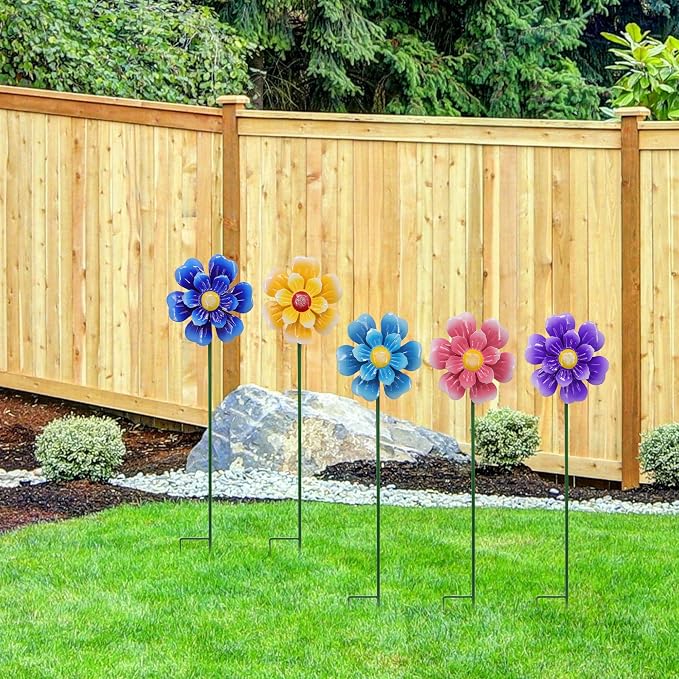 Metal Flower Wind Spinner Lawn Stakes Yard Art, Garden Iron Handicrafts | WEIBEFEE; 5 Pieces;Lawn Ornaments; 27 Inch Windmill Outdoor; Fade-resistant; Great gift choice; Decoration Gift