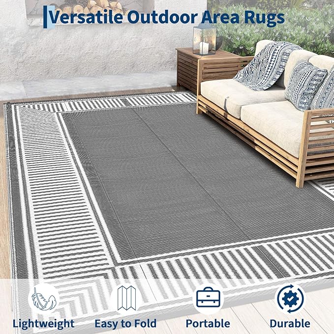 Waterproof Plastic Straw Outdoor Rug 9x18 Patio Reversible UV Resistant Foldable Camping Carpet Modern Striped Large Outdoor Rugs for Deck, Picnic, Porch, Camper, Balcony, Beach，Grey/White