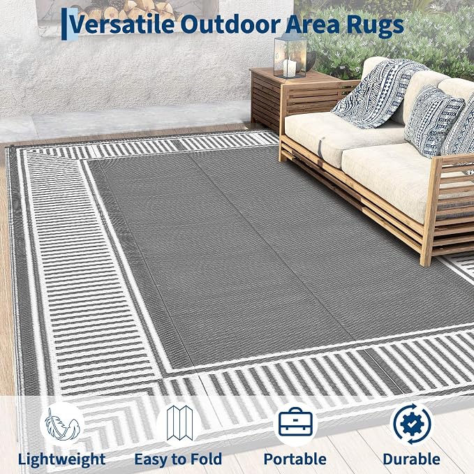 9x12 Outdoor Rug Waterproof Foldable Plastic Straw Carpet for Patio Porch Modern Striped Reversible Mat Border Lightweight Floor Mat for Picnic, Rv, Beach, Deck, Camper, Balcony，Grey/White