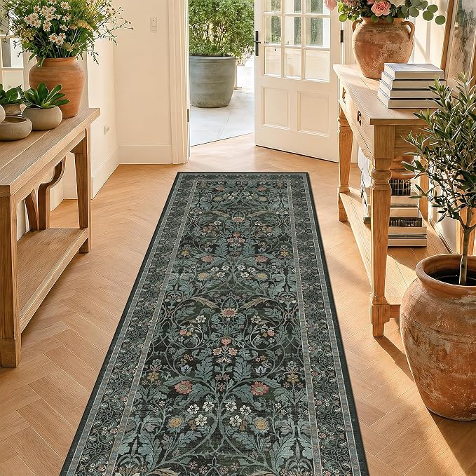 Dusty Teal 2x6 Washable Runner Rug Non Slip - Bathroom Kitchen Runner 6ft - Floral Soft Thin Rug Non Skid for Bath Entryway Hallway, Vintage Low Pile Stain Resistant Floor Carpet(Dark Green)