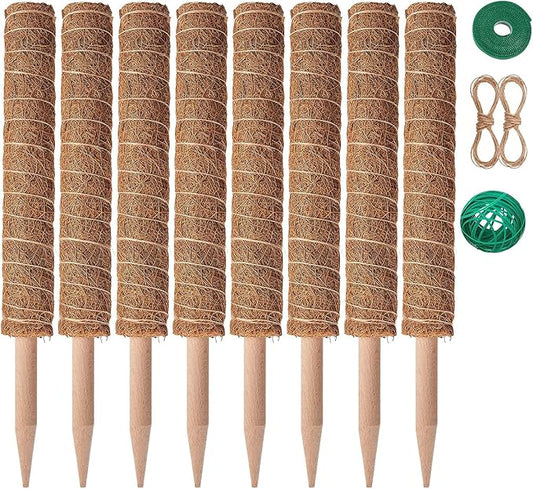 Eibikdi 8 Pcs Moss Pole for Plants Monstera, Plant Support Stakes for Indoor Climbing Plants Grow Upwards, with 65ft Twist Ties, 13ft Jute Rope, 6.5ft Hook-and-Loop Strip