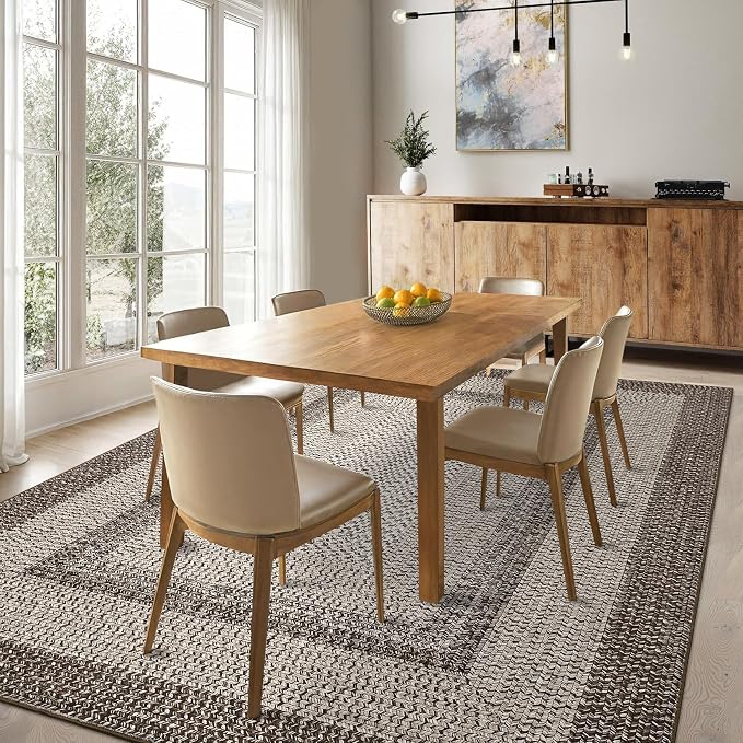 RUGSREAL Large Bedroom Rug 6x9 Washable Braided Print Living Room Rugs | Non Slip Low Pile Farmhouse Rustic Carpet Geometric Bordered Braided Carpet for Nursery Kitchen Home Office, Mocha