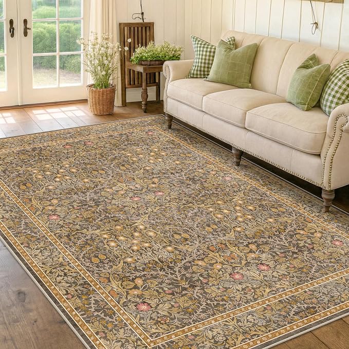 Washable Living Room Rug 6x9 - Brown Oriental Area Rug for Bedroom, Dining Room Rug for Under Table, Low Pile Non-Slip Floor Carpet for Home Office, Study Room - Vintage Design & Stain Resistance
