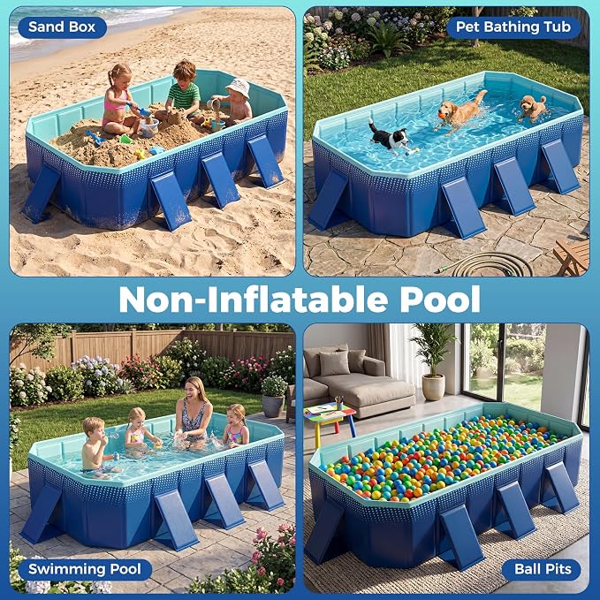 Goplus Foldable Non-Inflatable Swimming Pool, Portable Rectangle Around Ground Pool with 24 Hard Shell, Drain Hose, Outdoor Collapsible Kiddie Pool for Backyard Garden (Navy+Green,99x52 in)