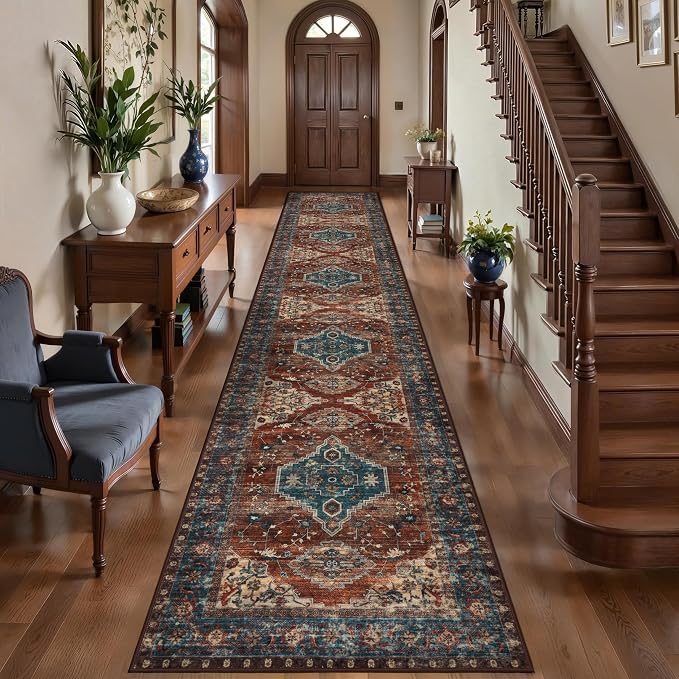 Tangsoo Oriental 2.6x14 Washable Runner Rug for Hallway Non Slip Runner Rug | Vintage Soft Low Pile Long Rug Runners, Boho Print 14ft Carpet Runners for Kitchen Bedroom Entryway Living Room Rust Blue