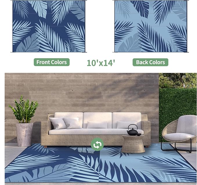 GENIMO Outdoor Rug 10' x 14' Waterproof for Patios Clearance, Reversible Outdoor Plastic Straw Camping Rug Carpet, Large Area Rugs Mats for RV, Camper, Deck, Balcony, Porch, Beach, Navyblue&Brightblue