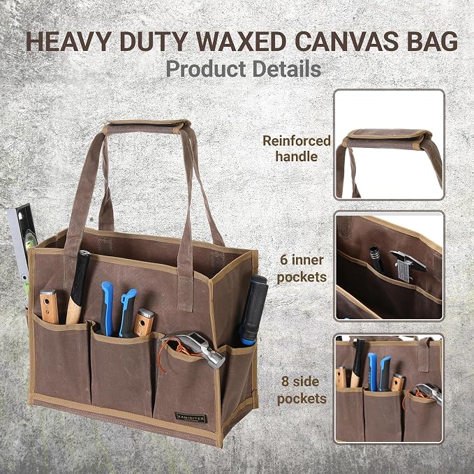 Heavy-Duty Waxed Canvas Tool Pouch - 14-Pocket Garden Tool Organizer with Removable Handle | Multi-Compartment Storage Bag for Tools (14.5" x 11" x 6.5", Grey)