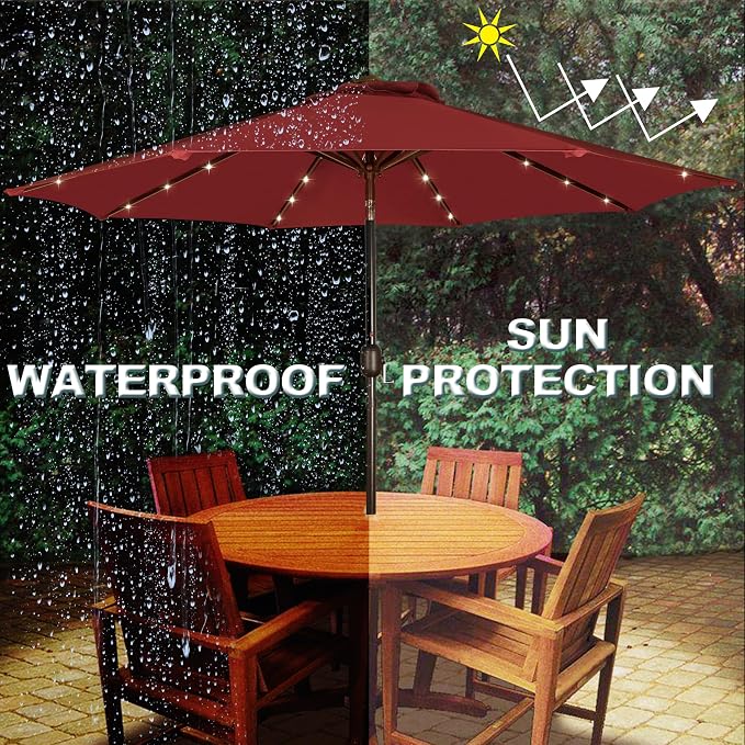 Blissun 9 ft Solar Umbrella, 32 LED Lighted Patio Umbrella, Table Market Umbrella, Outdoor Umbrella for Garden, Deck, Backyard, Pool and Beach (Burgundy)