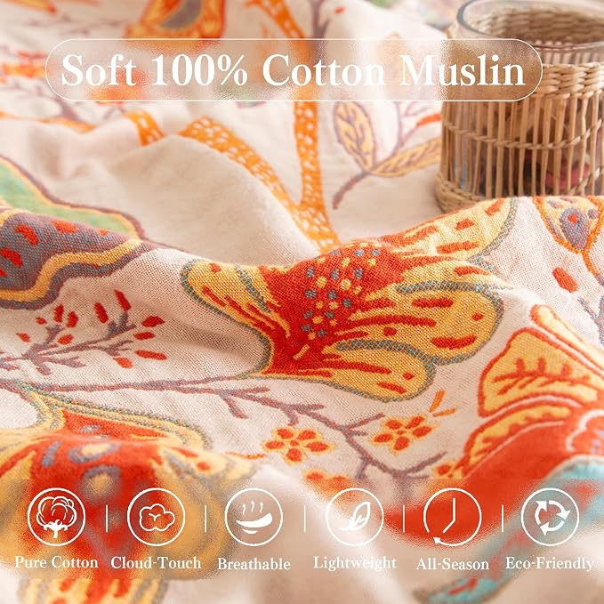 Phuryllic Boho Throw Blanket Full Size, Soft Cozy Cotton Muslin Quilt Blanket for Bed Decor, Floral Patterned Couch Sofa Chair Cover, Vintage Farmhouse Cottage Tapestry Woven Blanket, Coral&Green