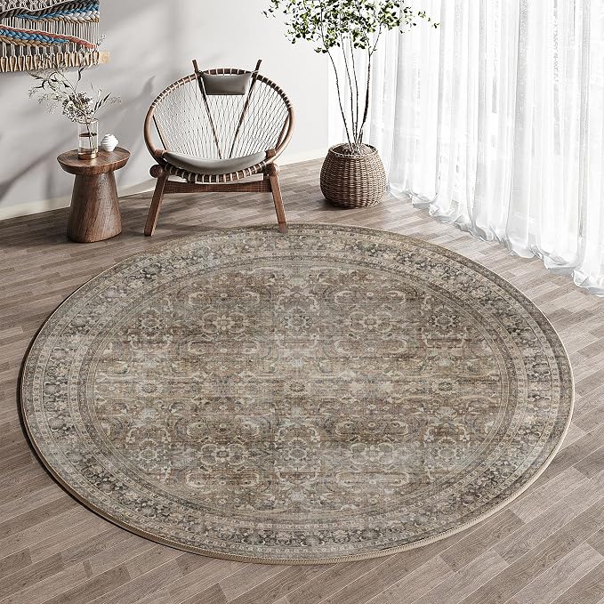 4ft Round Brown Vintage Distressed Washable Rug for Living Room | Low Pile, Non Slip, Retro Style, Soft Distressed Round Rug for Living Room, Bedroom, Dining Room, Home Decor