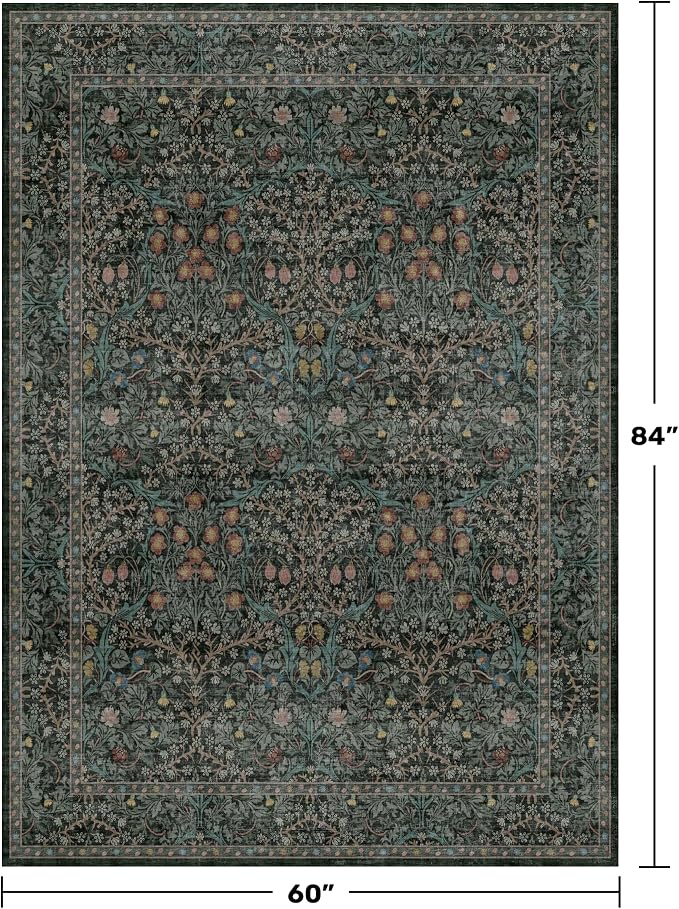 Dark Green Floral Living Room Rug 5x7 Area Rug - Vintage Forest Washable Mat for Dining Room, Bedroom, Low Pile Non Slip Stain Resistance Distressed Retro Indoor Boho Carpet (5x7 Dark Green)