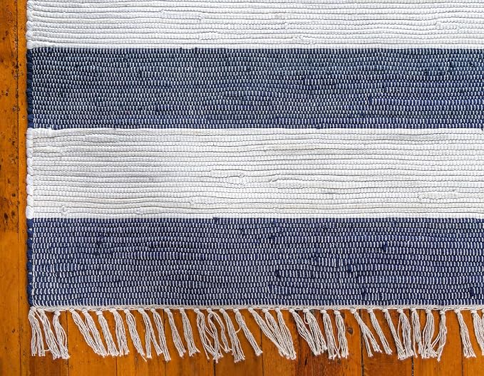 Unique Loom Chindi Rag Collection Area Rug - Striped (9'x 12' 2" Rectangle, Navy Blue/ Ivory)