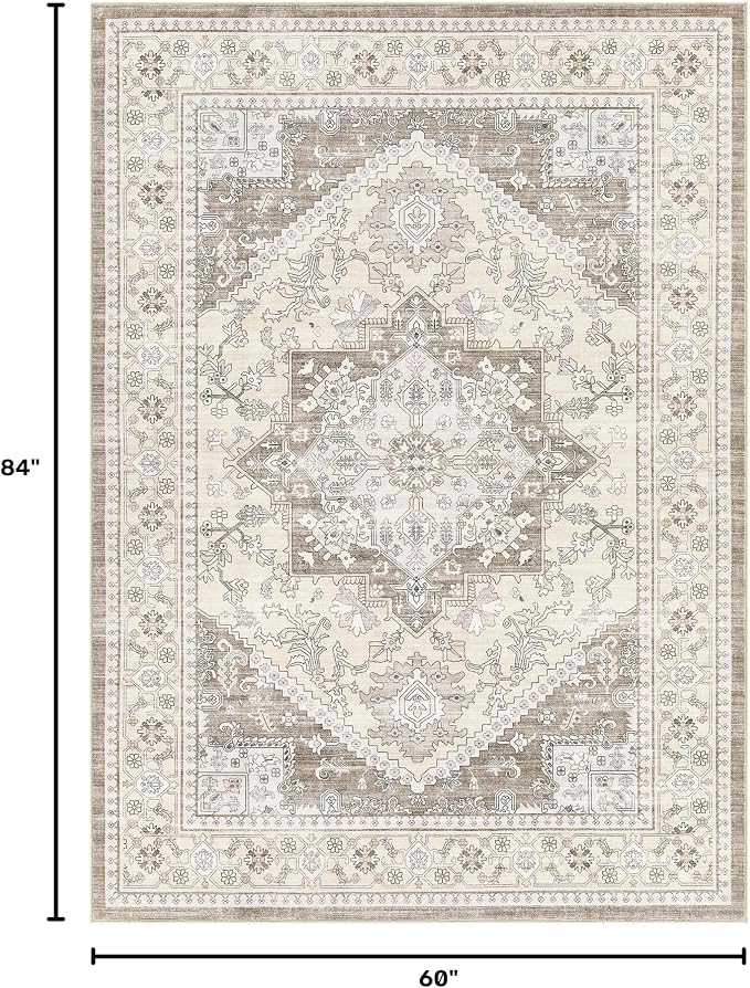 Washable Area Rug-5X7 Vintage Neutral Soft Brown | Non Slip Thin Foldable Large Floor Carpet for Living Room Bedroom Kitchen Dining Room Home Office Farmhouse Indoor
