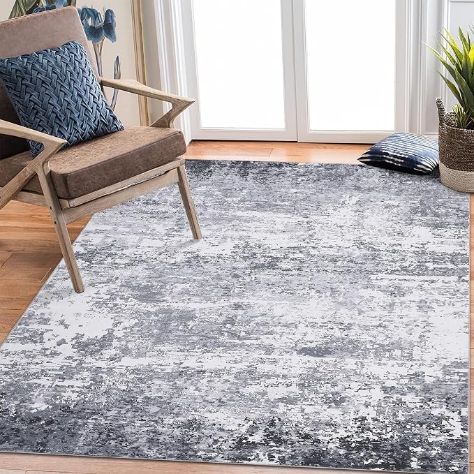 ROYHOME 6x9 Modern Abstract Area Rug Non Slip Non Shedding Low Pile Stain Resistant Rug Soft Carpet for Bedroom Living Room, Light Grey