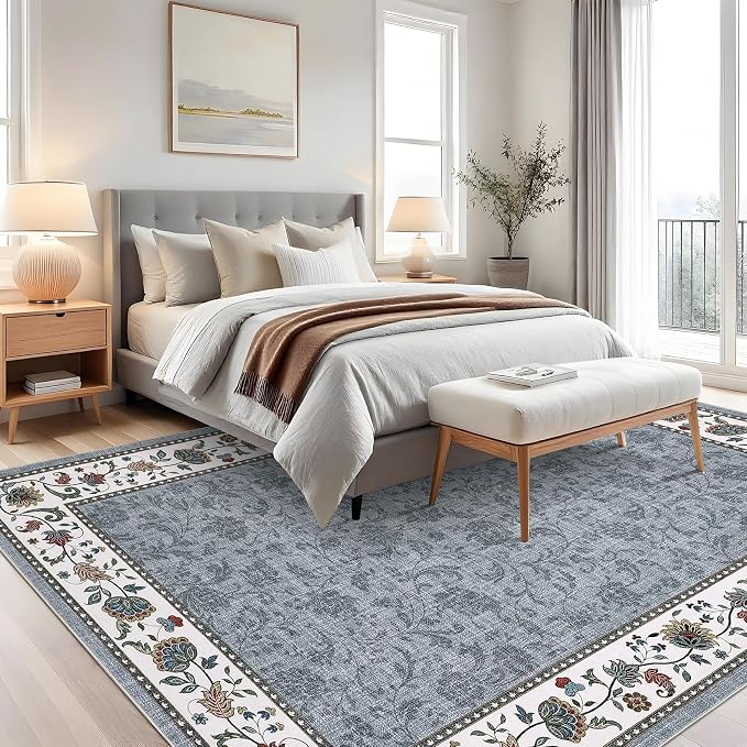 Garvee 6x9 Area Rugs Vintage Floral Washable Rugs Soft Rug | Grey Boho Border Area Rug Stain Resistant Easy Cleaning Throw Rugs Non Shedding Low Pile Floor Cover for Nursery Dining Room
