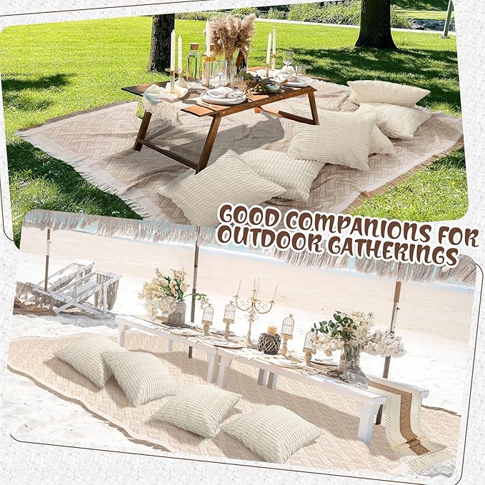 Beeveer Extra Large Outdoor Boho Picnic Blanket 91'' x 71'' Beige White Table Runner 6 Throw Pillow Cover Woven Cotton Yarn Oversize Beach Blanket Washable for Picnic Camp Wedding