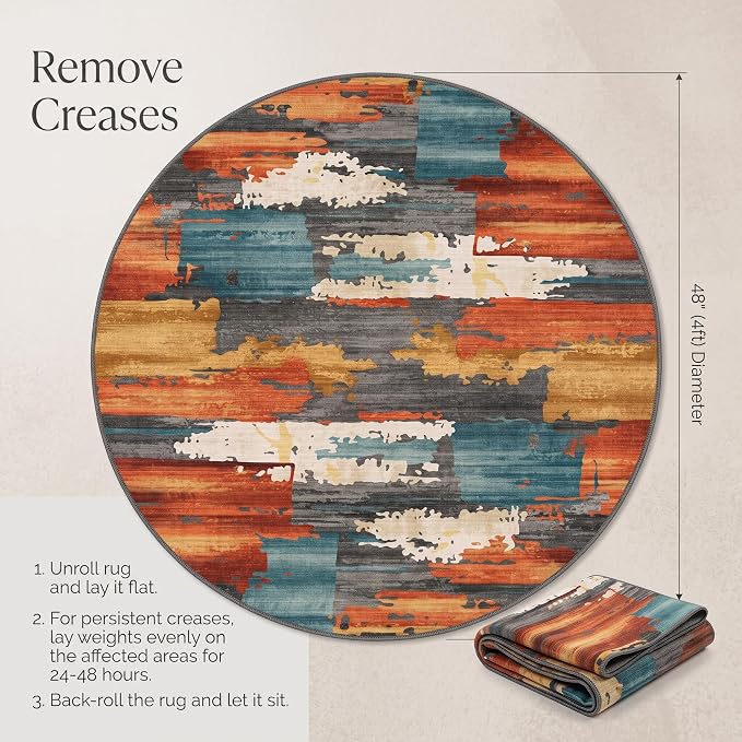 4Ft Burnt Orange and Teal Abstract Brushstroke Area Rug | Soft Low-Pile Machine-Washable Rug with Non-Slip Backing for Dining Rooms, Entryways and Reading Areas for Easy Everyday Care