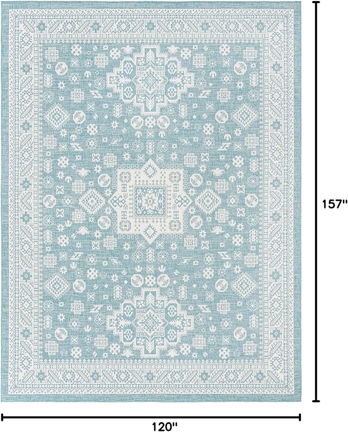 Unique Loom Outdoor Aztec Collection Area Rug - Chalca (10' x 13' 1" Rectangle, Aqua/ Ivory)
