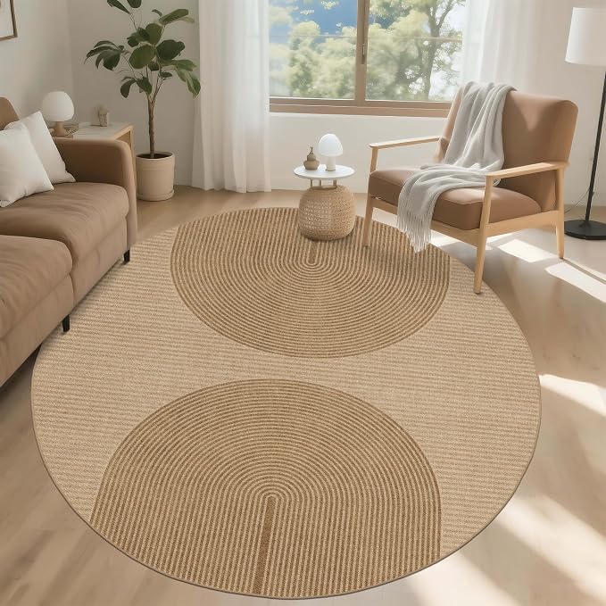 Easy Jute Round Rug 6ft: Outdoor Natural Area Rugs for Patio Linen-Look Fabric Durable - Neutral Washable Carpet for Living Room Bedroom Non-Slip - Geometric Arch Pattern