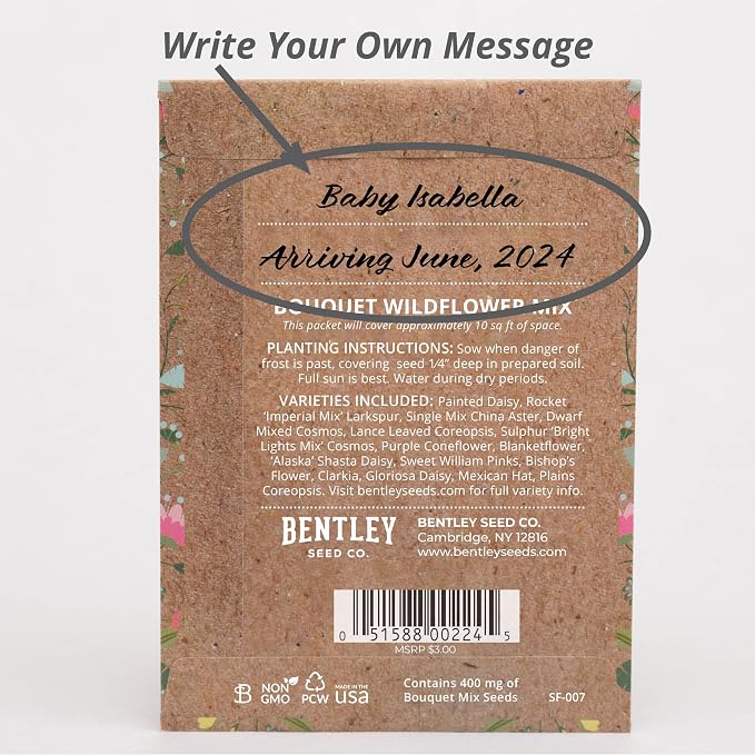 BENTLEY SEED CO. Oh Baby Flower Seeds Packets - Girl/Boy Baby Shower Favors - Pre-Filled, 25 Wildflower Seed Packs for Favor - Eco-Friendly Gift & Babys Guest Giveaways - Non-GMO Seeds - Brown