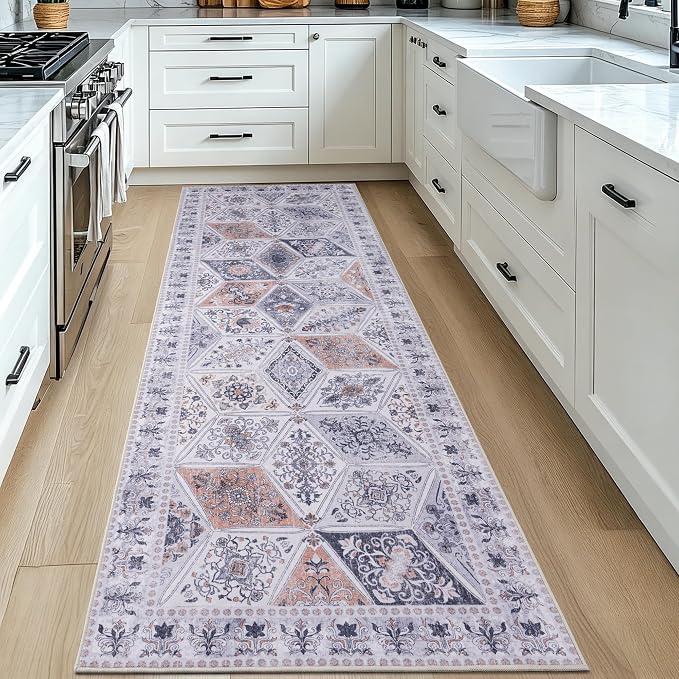Moroccan Vintage Distressed Boho Floral Geometric 2x6 Runner Rug | Washable Non Slip Throw Floor Long Carpet Runner for Hallway Entryway Kitchen Bathroom Bedroom Livingroom Light Grey