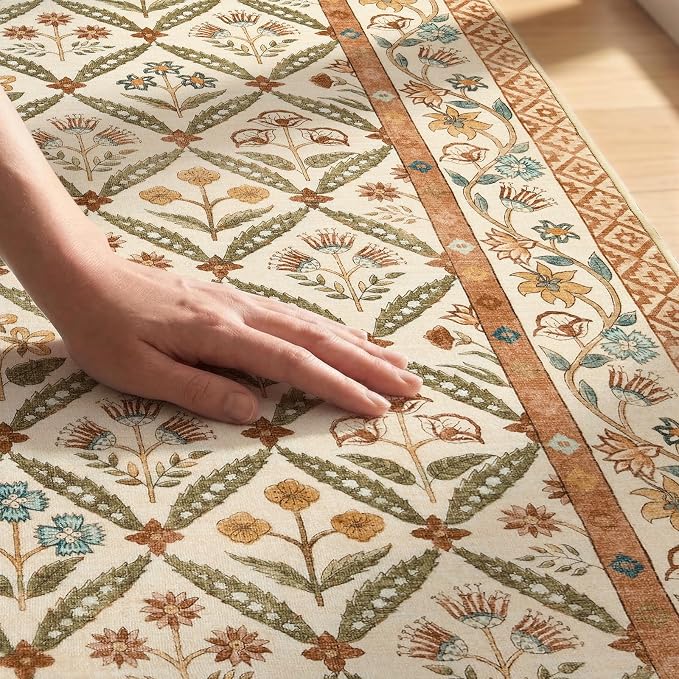 jinchan Runner Rug 2x5 Vintage Floral Washable Hallway Area Rug, Terracotta | Soft & Lightweight, Checkered Floral, Low Pile, Non Slip, Entryway, Kitchen, Bedside, Laundry Room, Cottage Decor